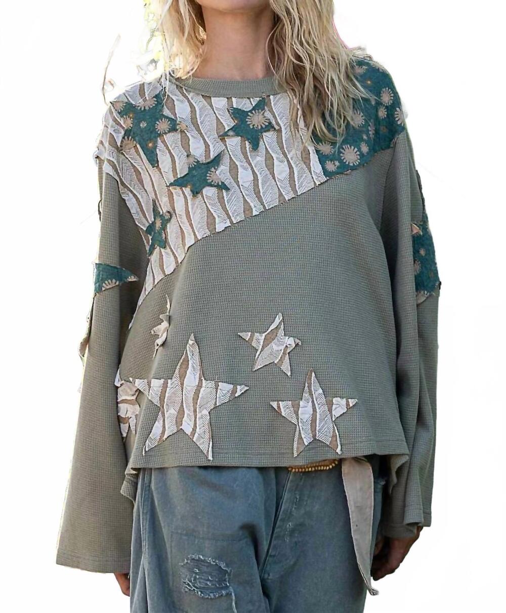 NEW POL patchwork long sleeve top in olive